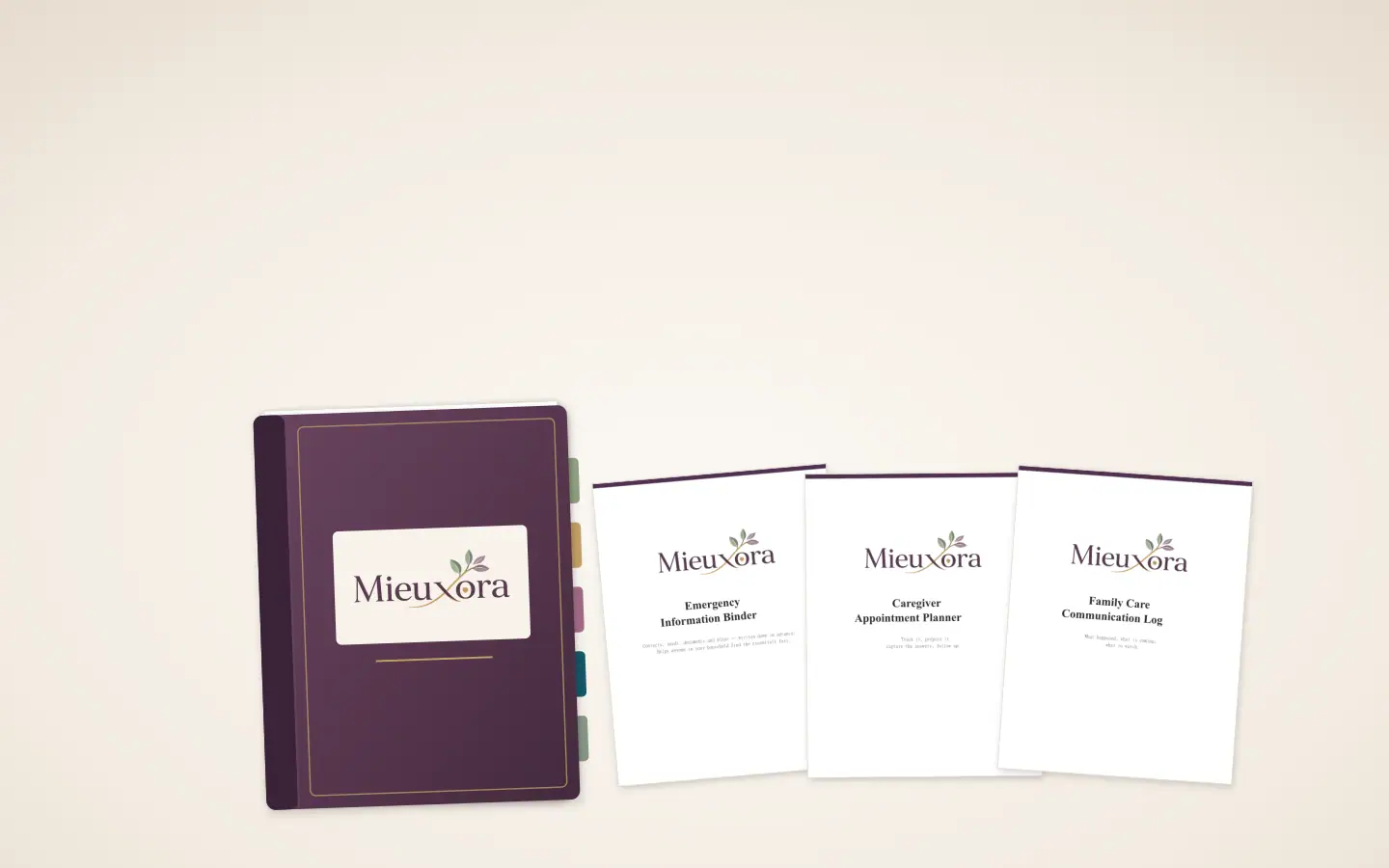 Scattered binder pages gather into one Mieuxora binder, surrounded by the tools of the Care collection.